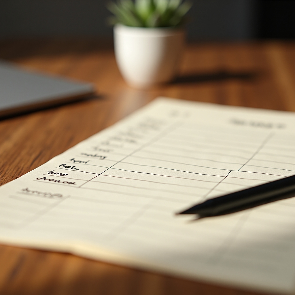 Budget worksheet with pen on a wooden table