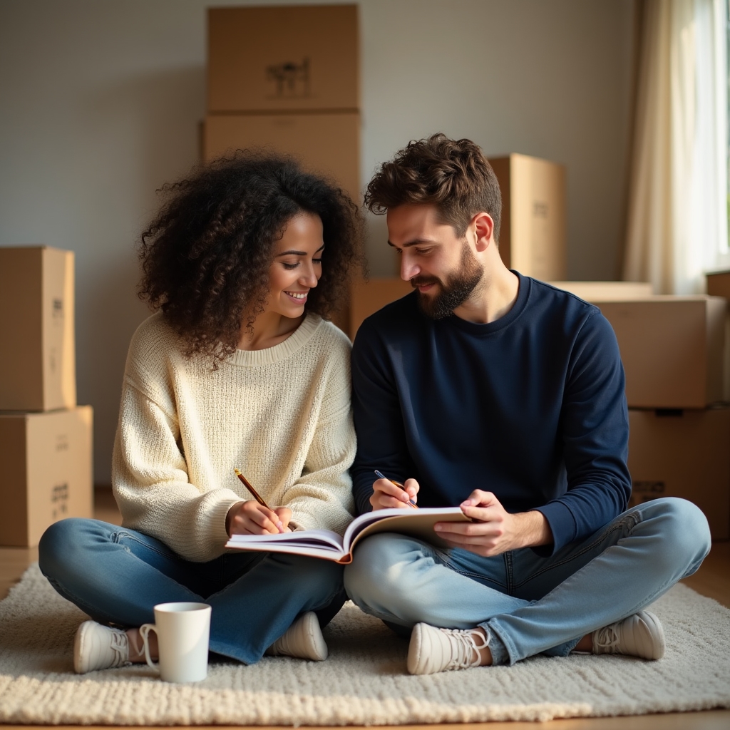 Couple sitting on the floor of their new apartment, planning with a notebook