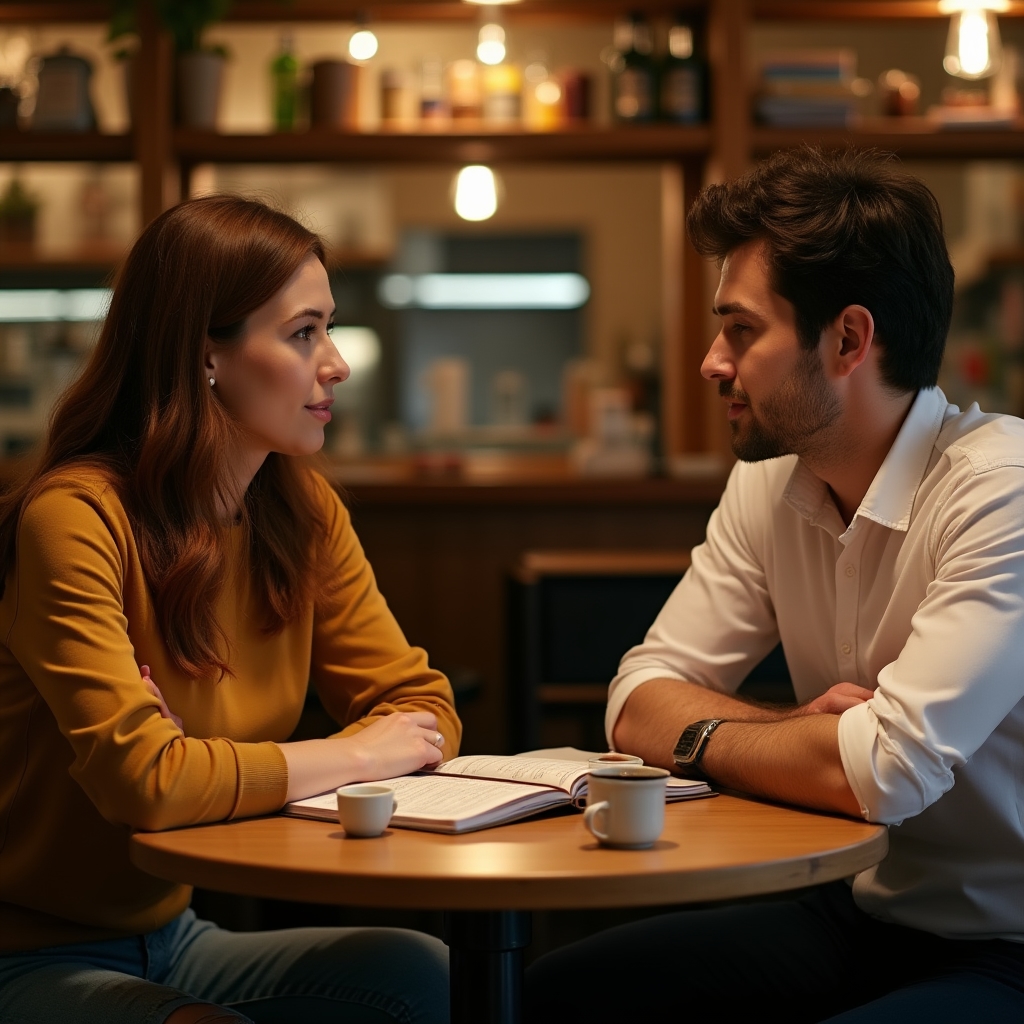 Couple in a Zagreb cafe having a calm, constructive conversation over coffee and a notebook