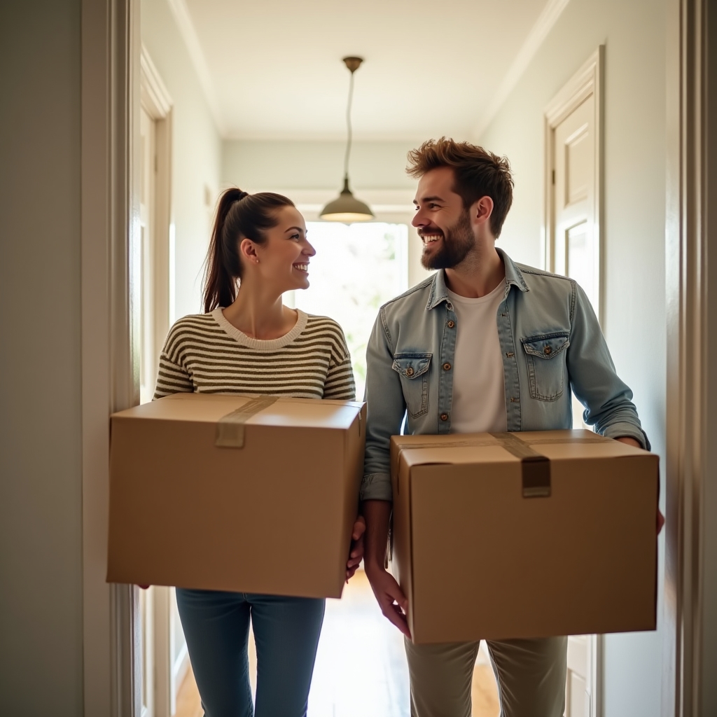 Young couple carrying moving boxes into their new shared apartment, smiling