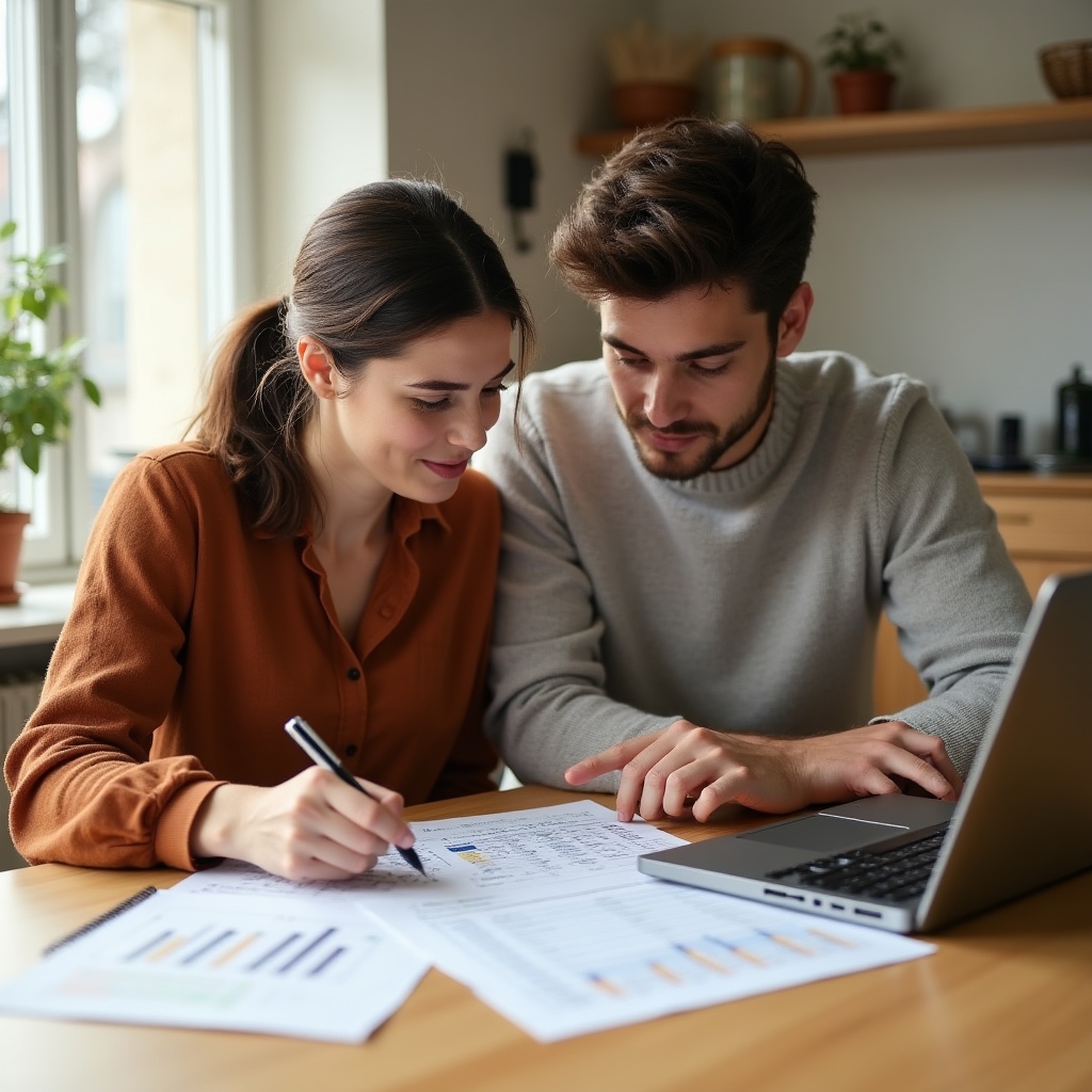 Young couple reviewing their shared monthly budget together at a table