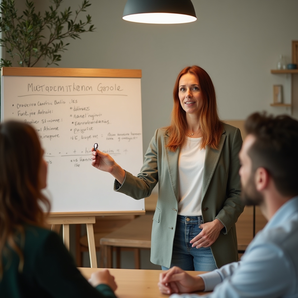 Workshop facilitator leading a small group session with couples at a table