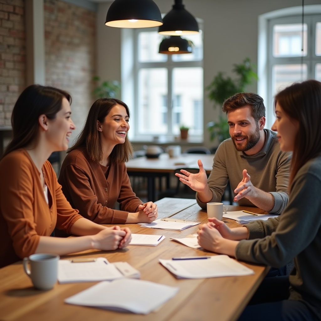 Small group of couples in discussion around a workshop table with papers and coffee